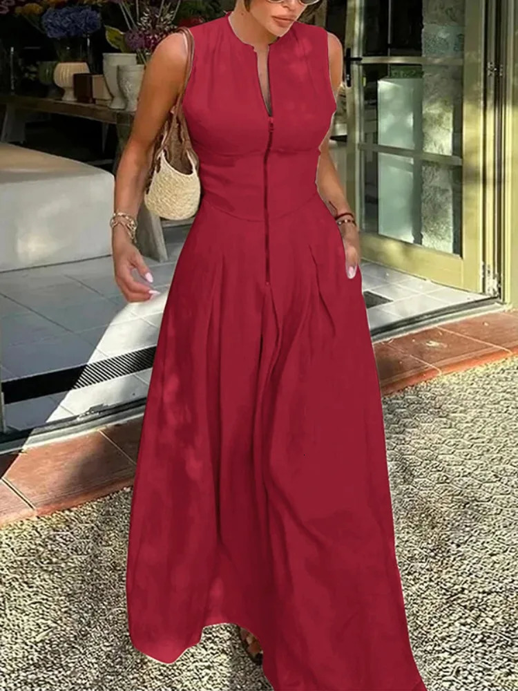 UOOZEE Office Lady Commute Pleated Aline Dress Summer Fashion Solid Color Sleeveless Zipper Evening Maxi Dresses 250520