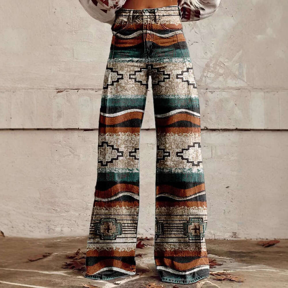 Trendy Printed Stretch High-Waisted Wide-Leg Jeans - Perfect for Women's Casual Outfits