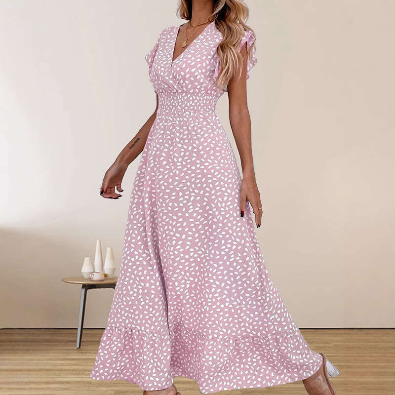 Sexy Vestidos De Noche Beach Dress Floral Dress Bodycon Dresses for Women Womens 2025 Spring/summer Fashion V-neck Long Dress High Waist Short Sleeve 
