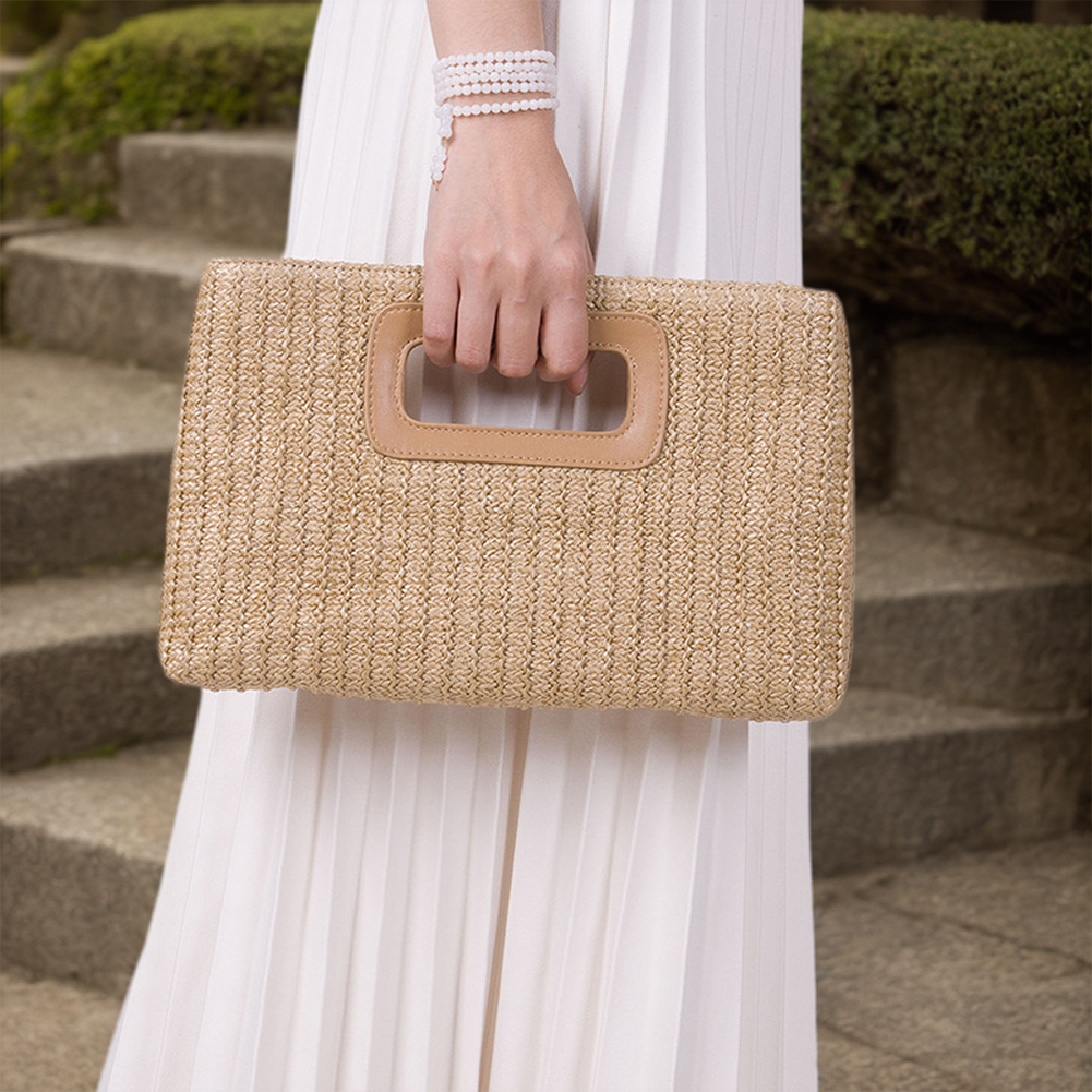 Women Straw Woven Bag Weaving Tote Bag Large Capacity Raffia Evening Bag Hasp Closure Simple Shoulder Purse Summer Vacation Tote