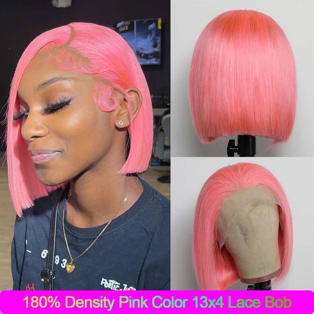 Pink Wig 180% Denity 13X4 Lace Frontal Pre Plucked Brazilian Remy Short Bob Human Hair Wigs