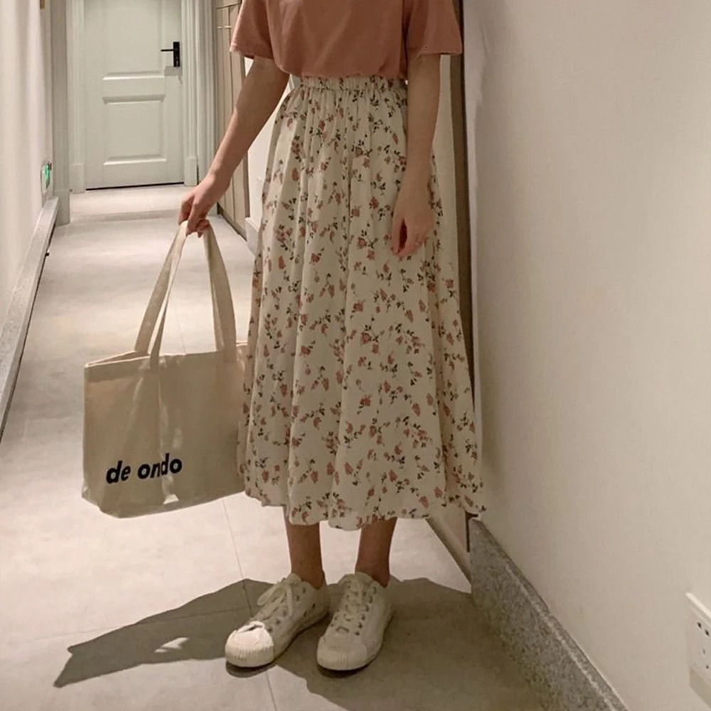 Vintage Floral Print Aline Pleated Long Skirts Summer Women Korean Skirt Streetwear Drawstring Elastic Waist Midi 250520