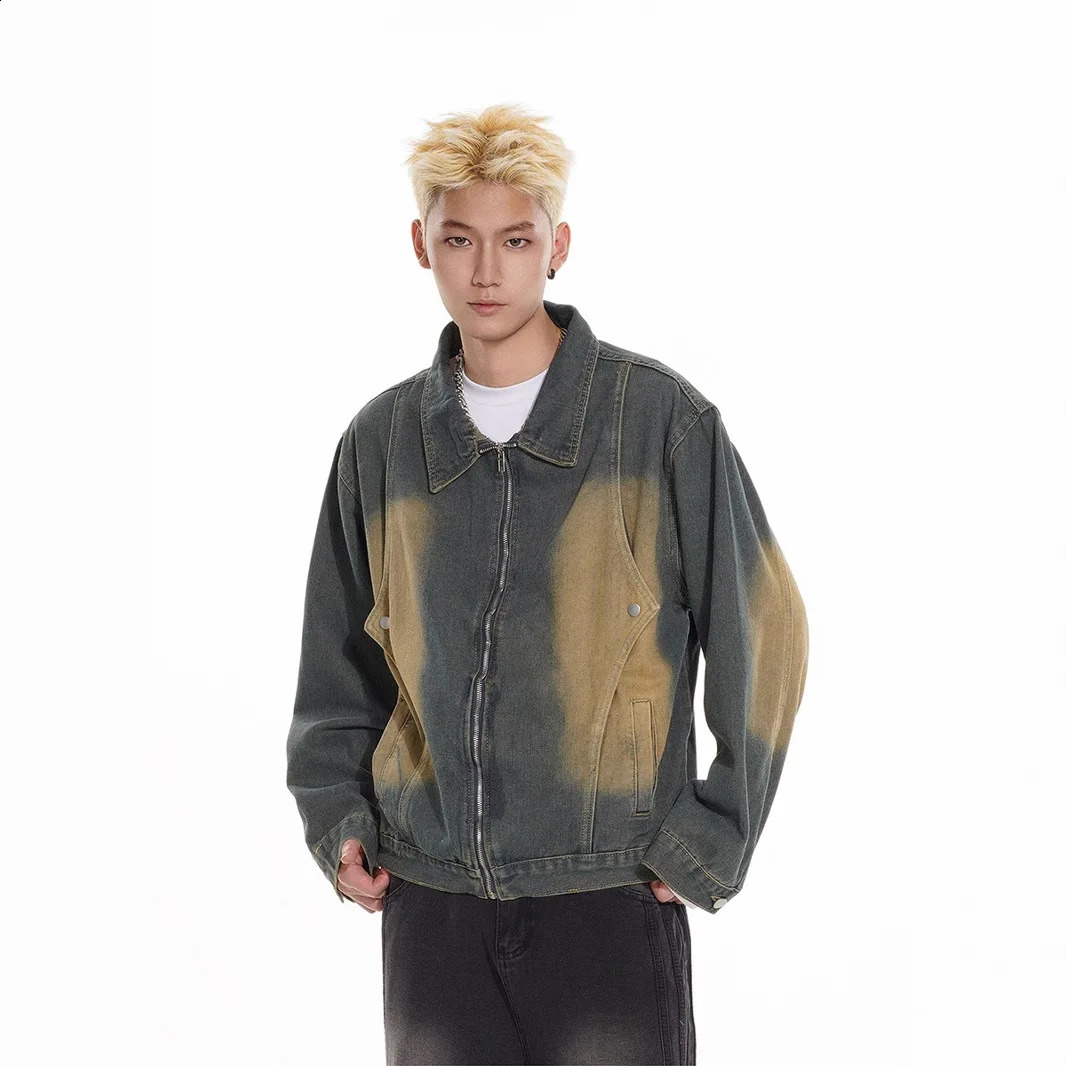 Fashionable Vintage Spray Painting Zip Up Jeans Jacket for Man Street Wear Loose Casual Patchwork Distressed Cargo Denim 250516