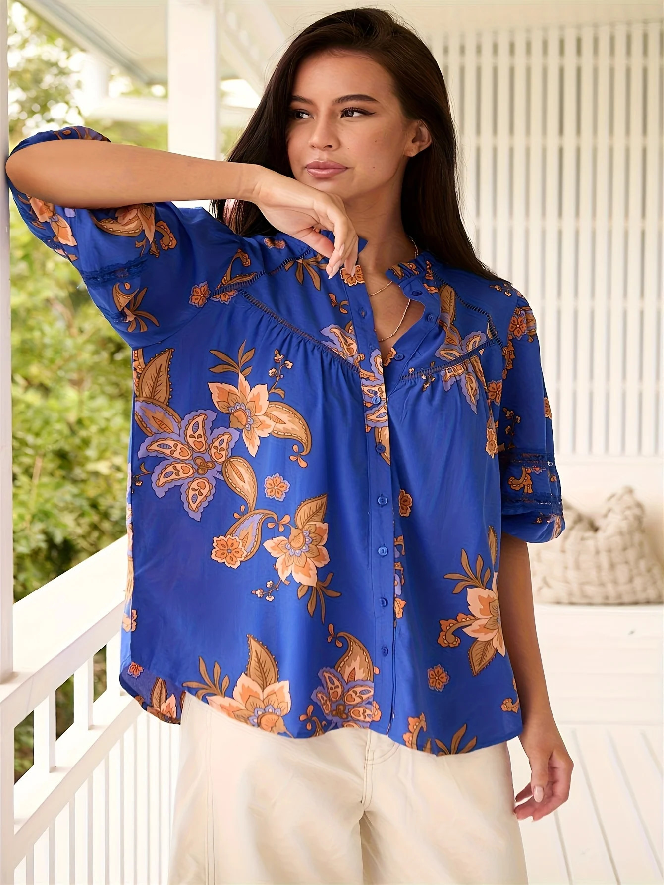 Plus Size Womens Elegant Loose Flared Half Sleeve Shirt Vivid Blue Floral Print Ruffle Cuffs Perfect for Beach Casual Wear 250514