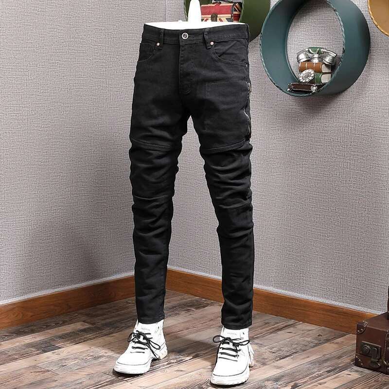 Streetwear Fashion Army Green Elastic Slim Fit Spliced Designer Biker Jeans Men Stretch Hip Hop Denim Pencil Pants