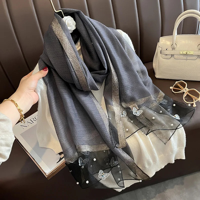 Women Fashion Butterfly Embroidered Scarf Plain Solid Silk Linen Shawls Scarves Summer Lady Bandanas Foulard Hijab 250517
