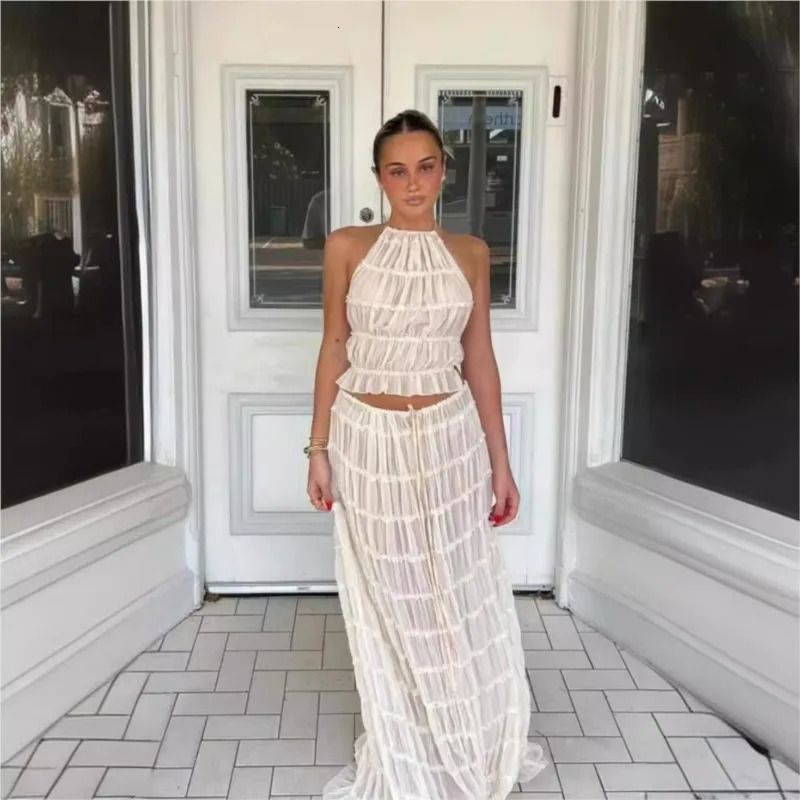 Sexy Backless Halter Strappy Pleated Lace Vest Long Skirt Suit For Women Fashion Dress Sets Solid Summer Beach Party Outfits 250520
