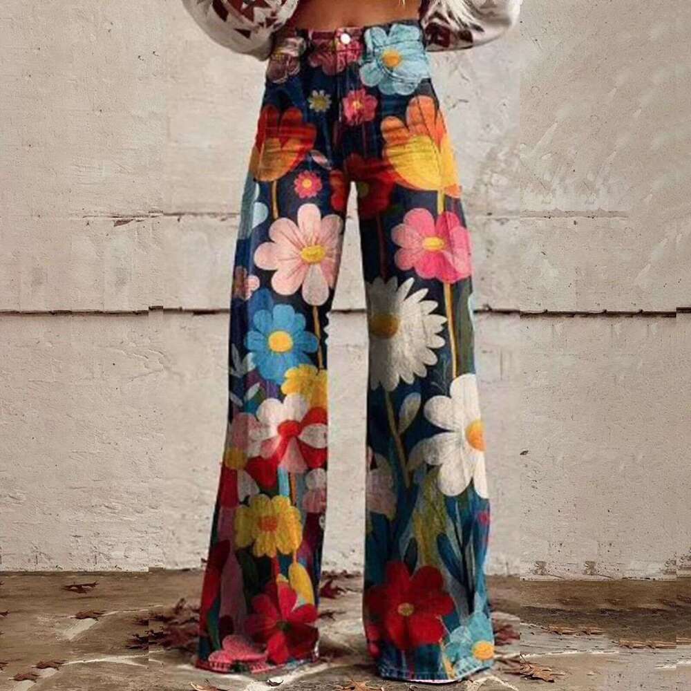 Trendy Printed Stretch High-Waisted Wide-Leg Jeans - Perfect for Women's Casual Outfits