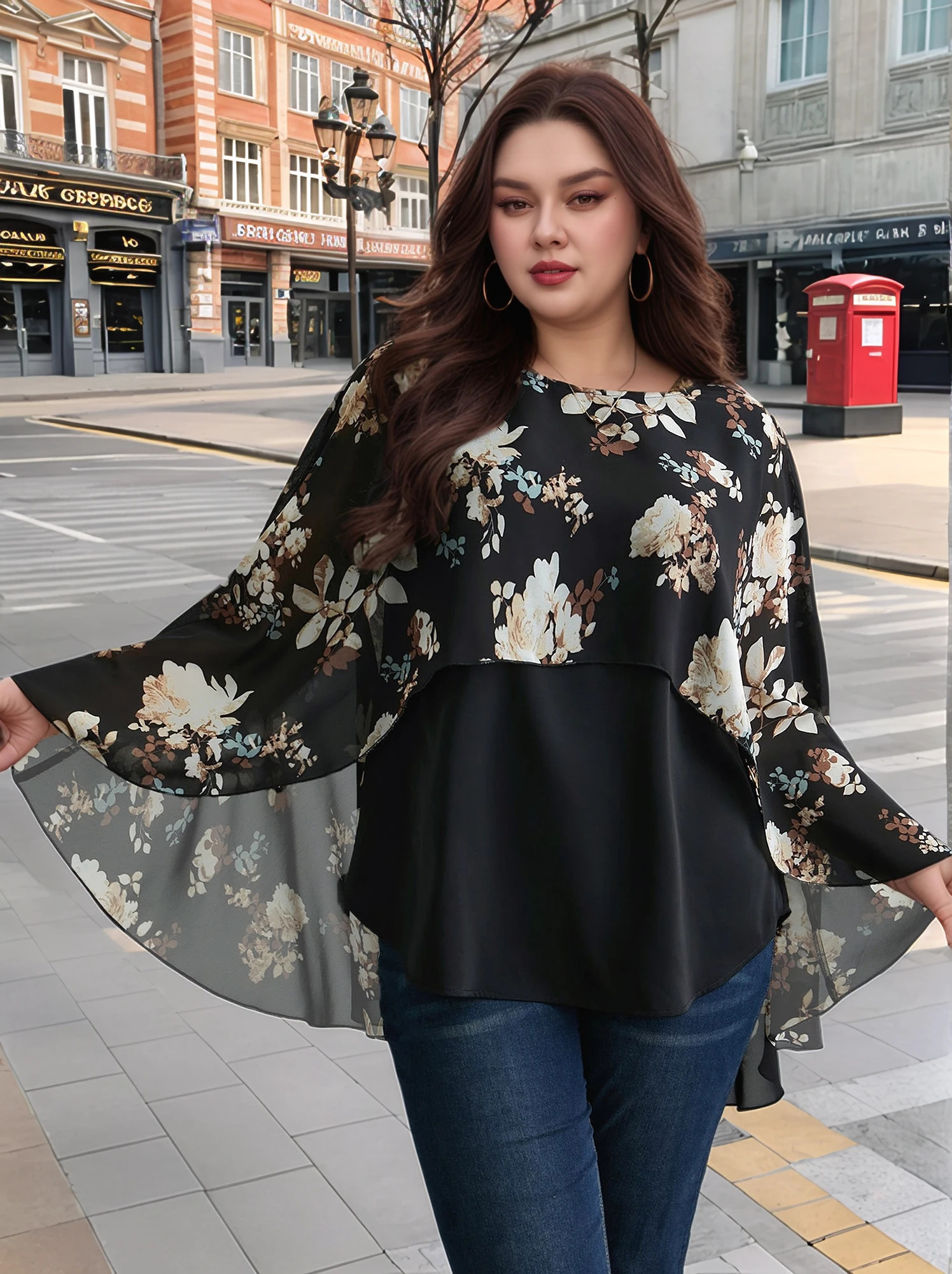 PlusSize Womens Solid Layered Cape Sleeve Printed Top Versatile Round Neck TShirt Suitable for Summer Casual We 250514
