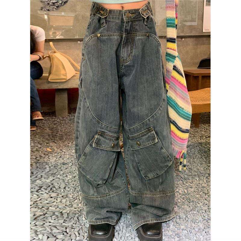 American oversized washed workwear jeans, high street hip-hop fashion loose spicy girl mop pants