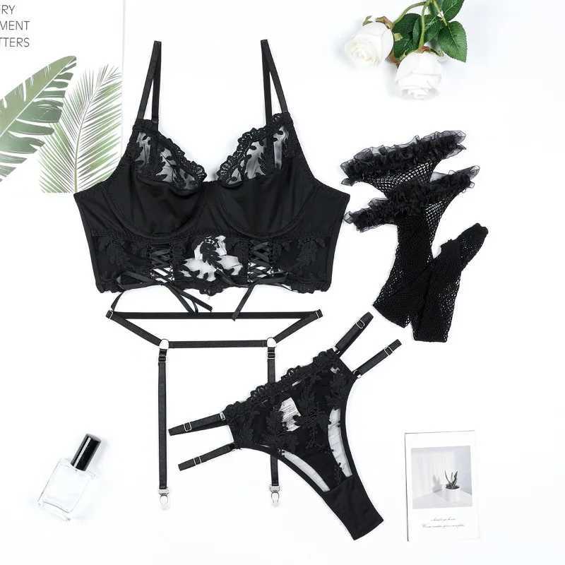 Sexy Embroidery Lingerie Suit for Women Mesh See-through Stocking Underwear Set Exotic Sexy Garters Lingerie 4-piece Set R250520