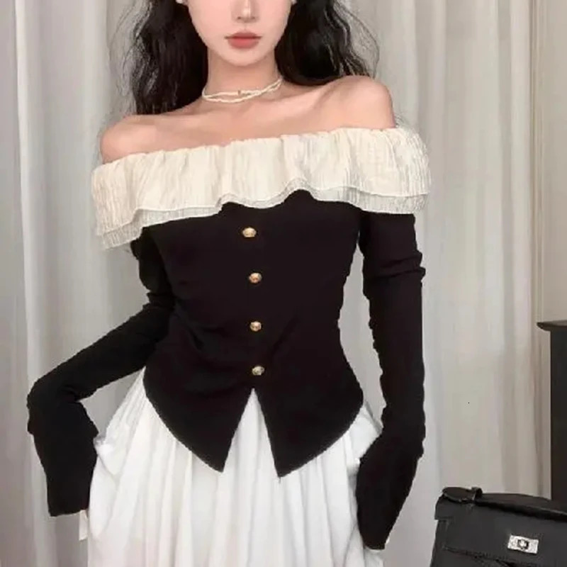 Women Off Shoulder Shirt Sexy Chic Streetwear Slash Collar Slim Fit T Shirt French Elegant Ruffles Solid Ladies Tops 250517