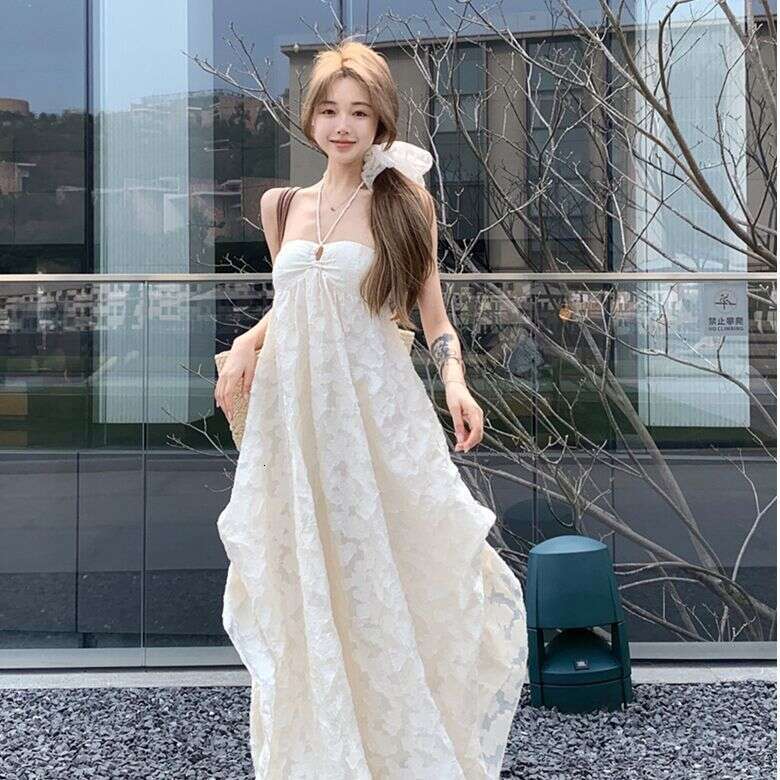 Halter Dress Beach Vacation Style Backless Hanging Neck Dress Beach For Women In Early Spring With Chest Cushion A Line Pure Desire Hollow Out Long Sk