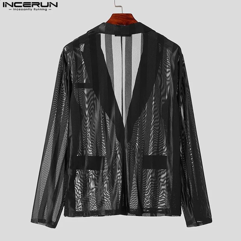 INCERUN Handsome Mens Tops See-through Striped Suit Coats Fashionable Male Selling Long Sleeved Blazer S-5XL 250519