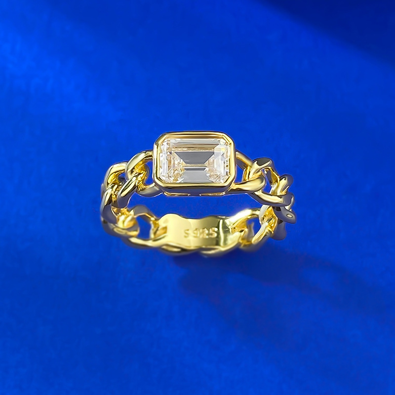 S925 Sterling Silver 5x7 Rectangular Cubic Zirconia Cuban Link Chain Gold Ring, Unique Hollow Design