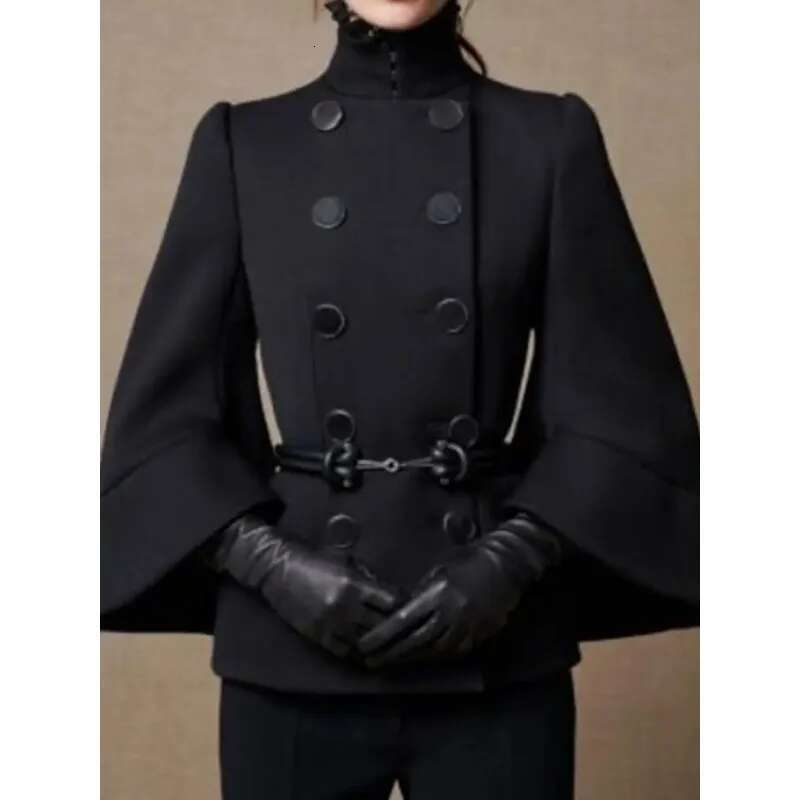 Modigirl Womens England Jackets Coatsbuttoned Black Fall Wnter Spring Long Flared Sleeves High Neck Outerwear For Ladies