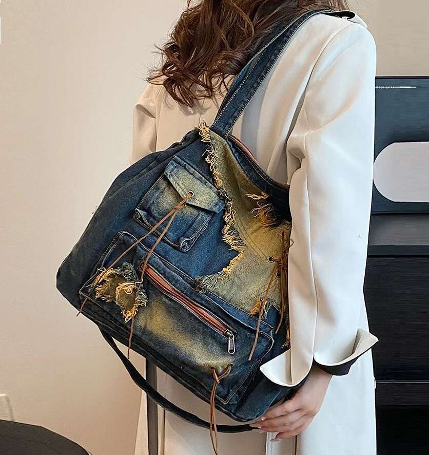 Denim Y2k Womens Shoulder Vintage Washed Distressed Fashion female Messenger Bag Large Capacity ladies Handbag Sac totes