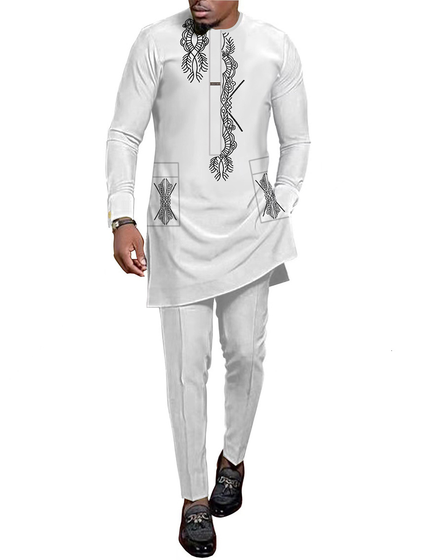 Designer Clothing Muslim Ethnic Printed Traditional Robe Set Splicing Men's Shirt With Pants 2025 New Style