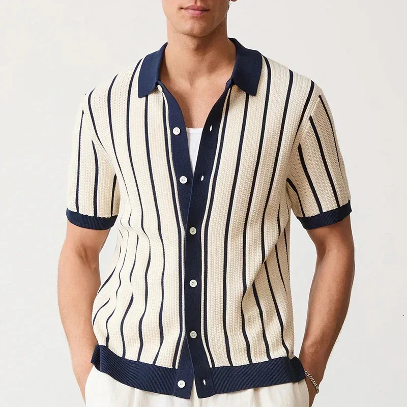 y Knitting Striped Shirts Men Vintage Turndown Collar Button Short Sleeve Mens Knit Shirt Summer Trendy Slim Cardigan 250520