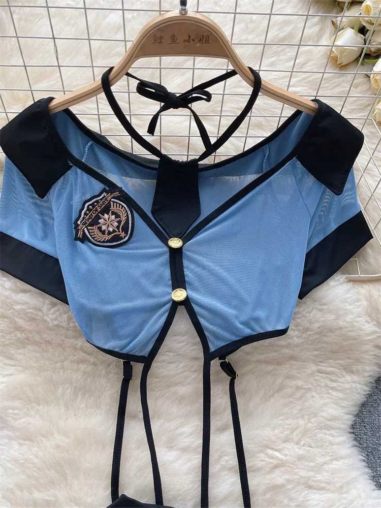 Preppy Style Sexy Uniform Sets For Women 2024 Neck Sheer Top+Lace Up Mini Skirt+Thongs Hollow Out Cosplay Porn Suits R250520
