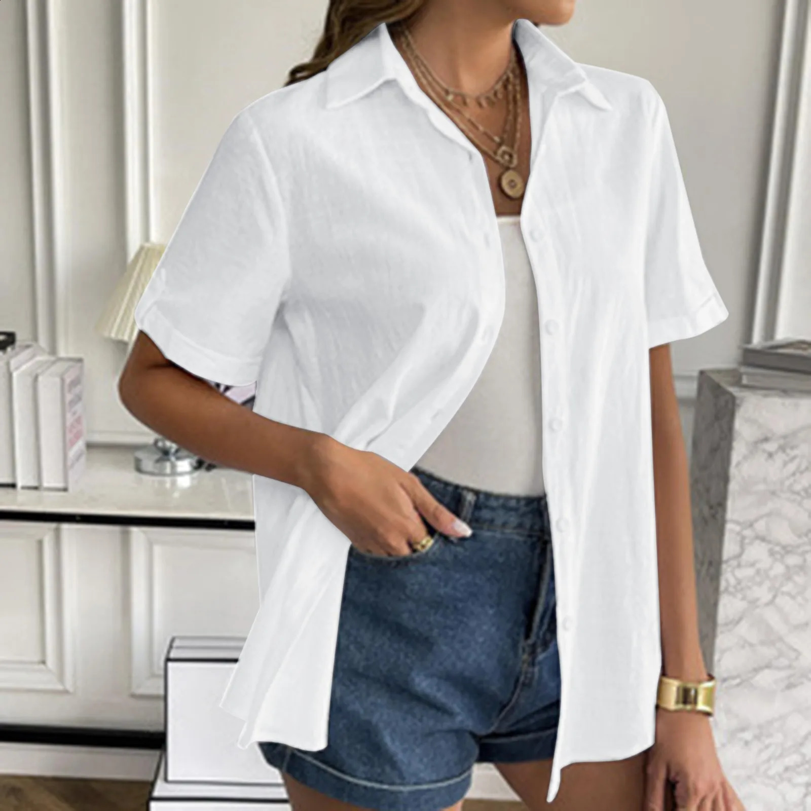 Women Button Down Cotton Shirt Rolled Cuffed Short Sleeve Blouses Summer Casual V Neck Beach Shirts Ladies Solid Color Tops 250516Z