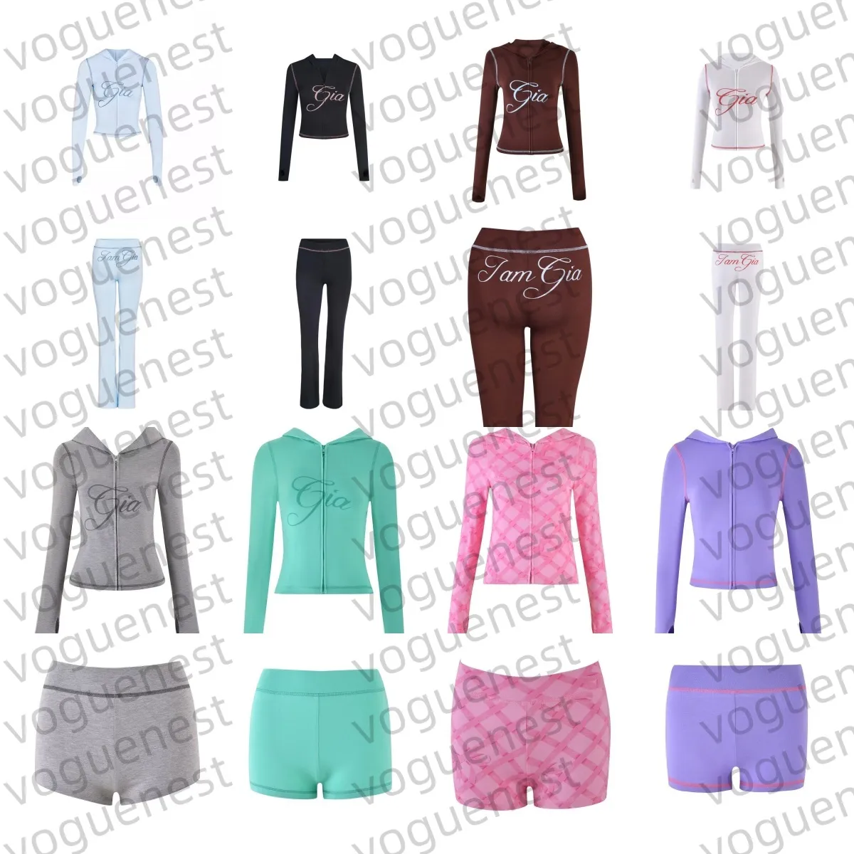 I am gia Women's Tracksuit Set Designer Zip-Up Long Sleeve Top Low Waist Flared Pants High Quality Spring Sportswear