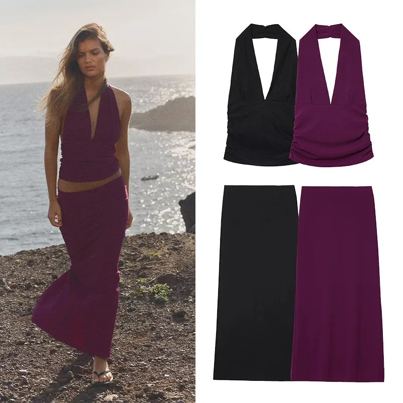 TRAF Elastic Midi Skirt Set Women 2 Piece Halter Backless V Neck Womens Top High Waist Skirts Two Outfit 250520