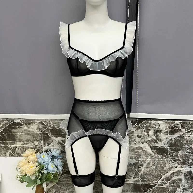 Sexy Lingerie Suit Mesh Splicing Role-playing Sexy Lingerie Set for Women Frill Contrast Color Underwear Set New R250520