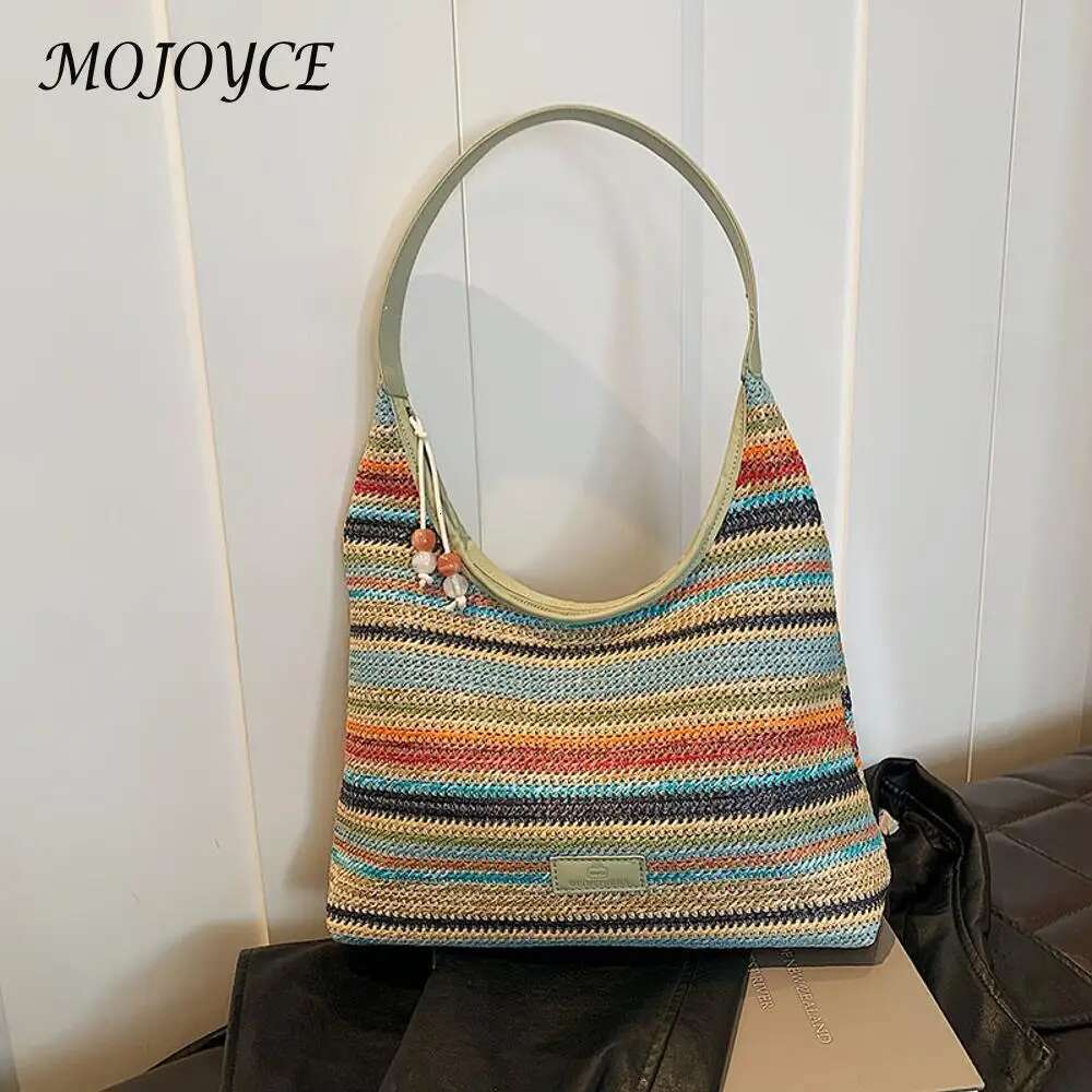 Women Straw Woven Tote Summer Beach Bags Large Capacity Weaving Shoulder Bag Ethnic Style Contrast Color For Outdoor Travel