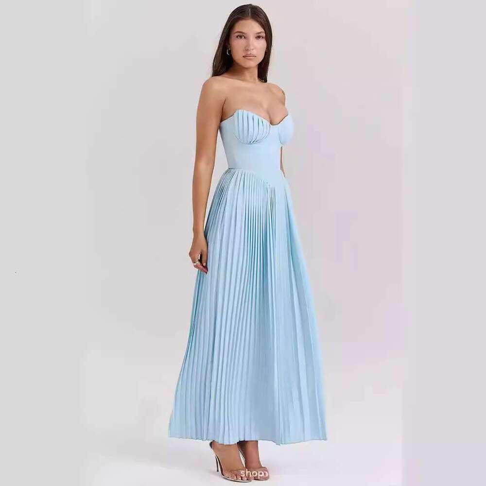 2025 Summer New Product: Sky Blue strapless slimming pleated tight fitting dress. Wholesale of Dress temperament, versatile new trendy clothing. Ins