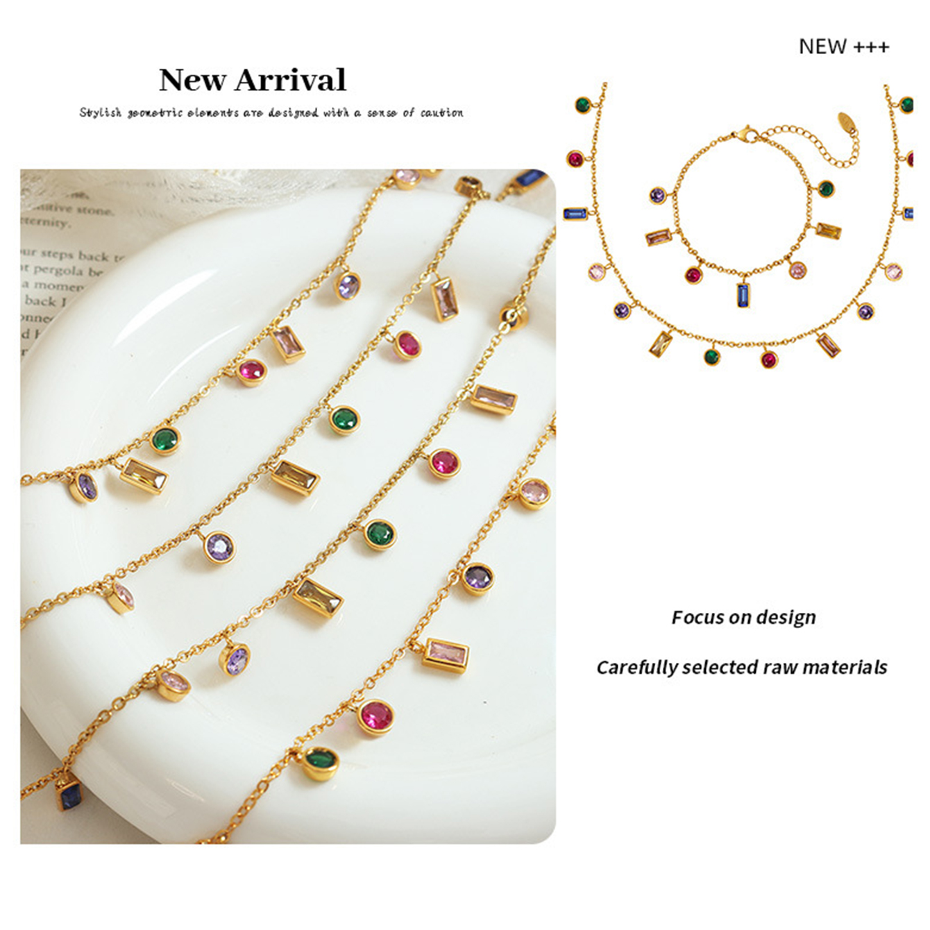 Gold Charm Pendent Choker Necklace Bracelet for Woman, Boho Dainty Gemstone CZ Rhinestone Dangle Chain Necklaces Bracelet Prom Fashion Jewelry Wedding