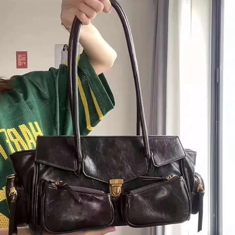 Multi-Pocket Underarm Trendy Street Motorcycle Bowling Handbag For Women Boston High-End Spaghetti Strap Shoulder Tote Bag
