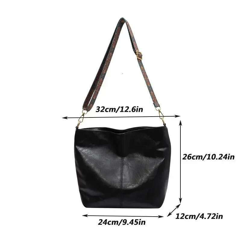 Vintage Solid Color PU Leather Women Fashion Shoulder Sling High-Capacity Simple Wide Strap Bucket Crossbody Bag Commuting
