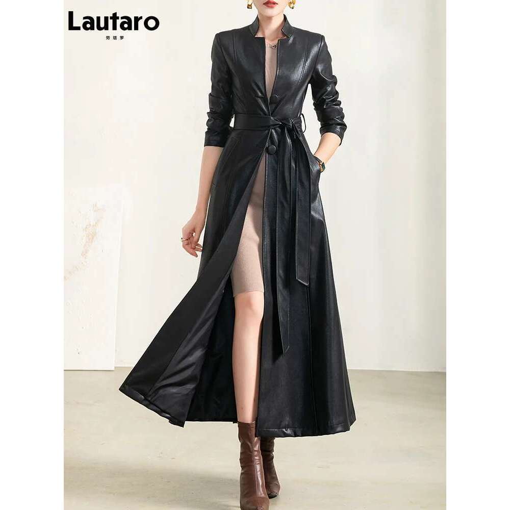 Lautaro Spring Autumn Black Soft Waterproof Faux Leather Coat Women Belt Long Sleeve Single Breasted Fashion 2022 Designer