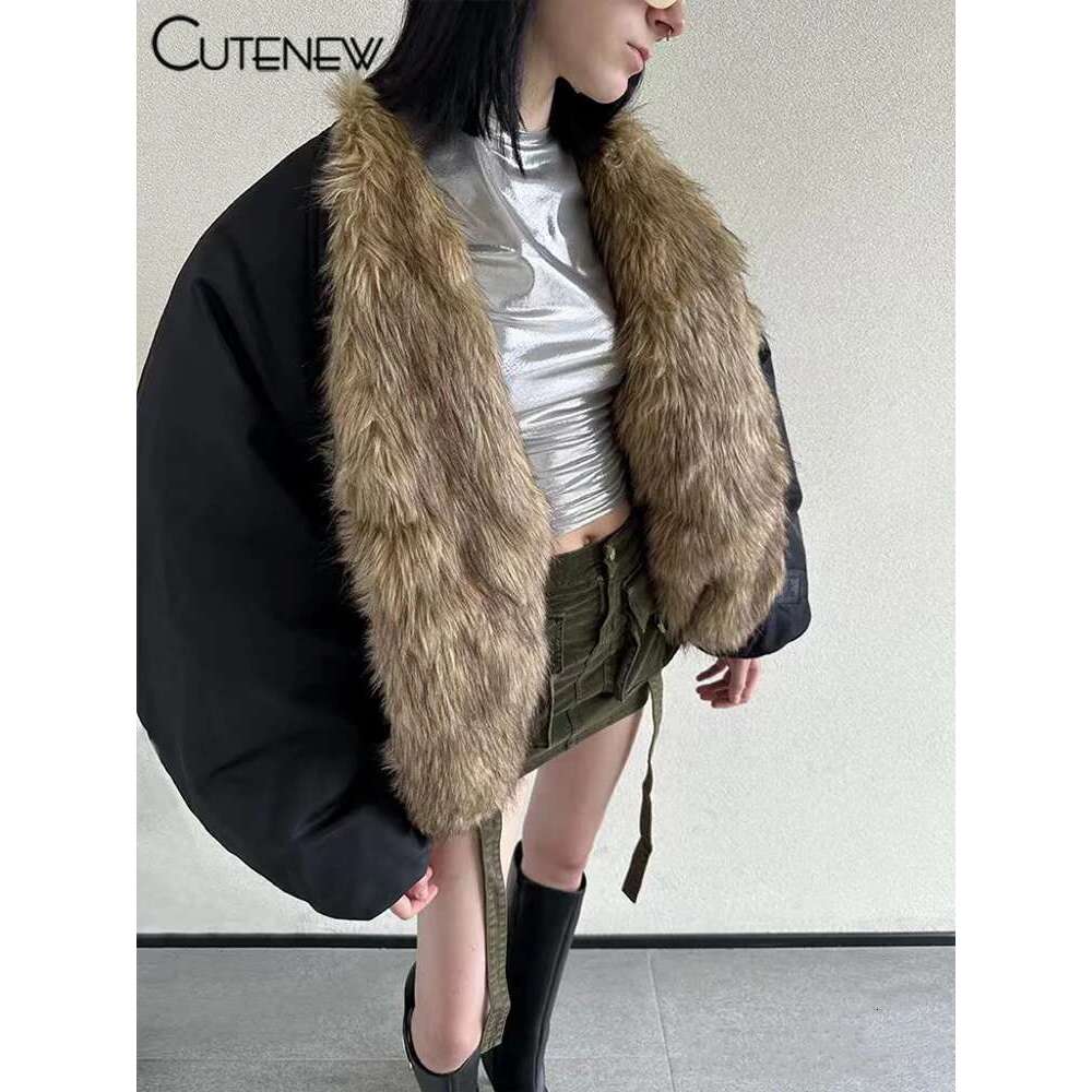 Cutenew Patchwork Long Sleeve Elastic Furry Down Jacket Women's Winter Casual Warm Lady High Street Padded Coats Top Designer