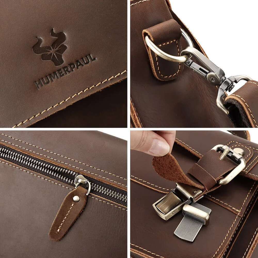 HUMERPAUL Crazy Horse Leather Men Messenger Vintage Large Capacity Crossbody Bag Handbags Multifunctional Business Briefcase