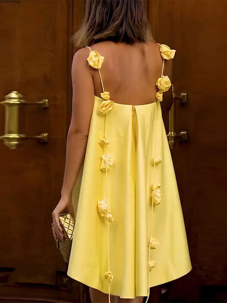 Elegant Yellow 3D Flowers Spaghetti Strap Mini Dress Women Backless ALine Party Dresses Spring Summer Beach Vestidos 250520