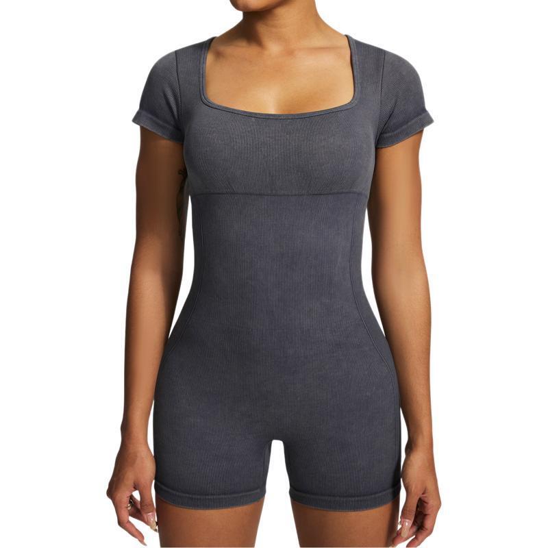 Summer seamless sand washed short sleeved yoga for women's fitness, tight fitting abdominal contraction, dance sports jumpsuit
