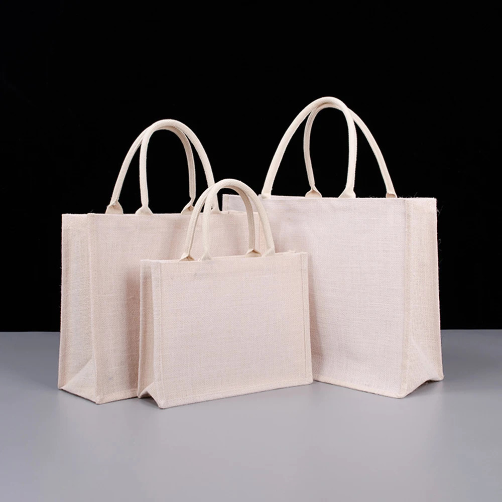 Burlap Shopping Tote Bag Blank Jute Beach Handbag Black White Reusable Stroage Bags Gift Bags For Grocery Crafts Birthday Party 250516