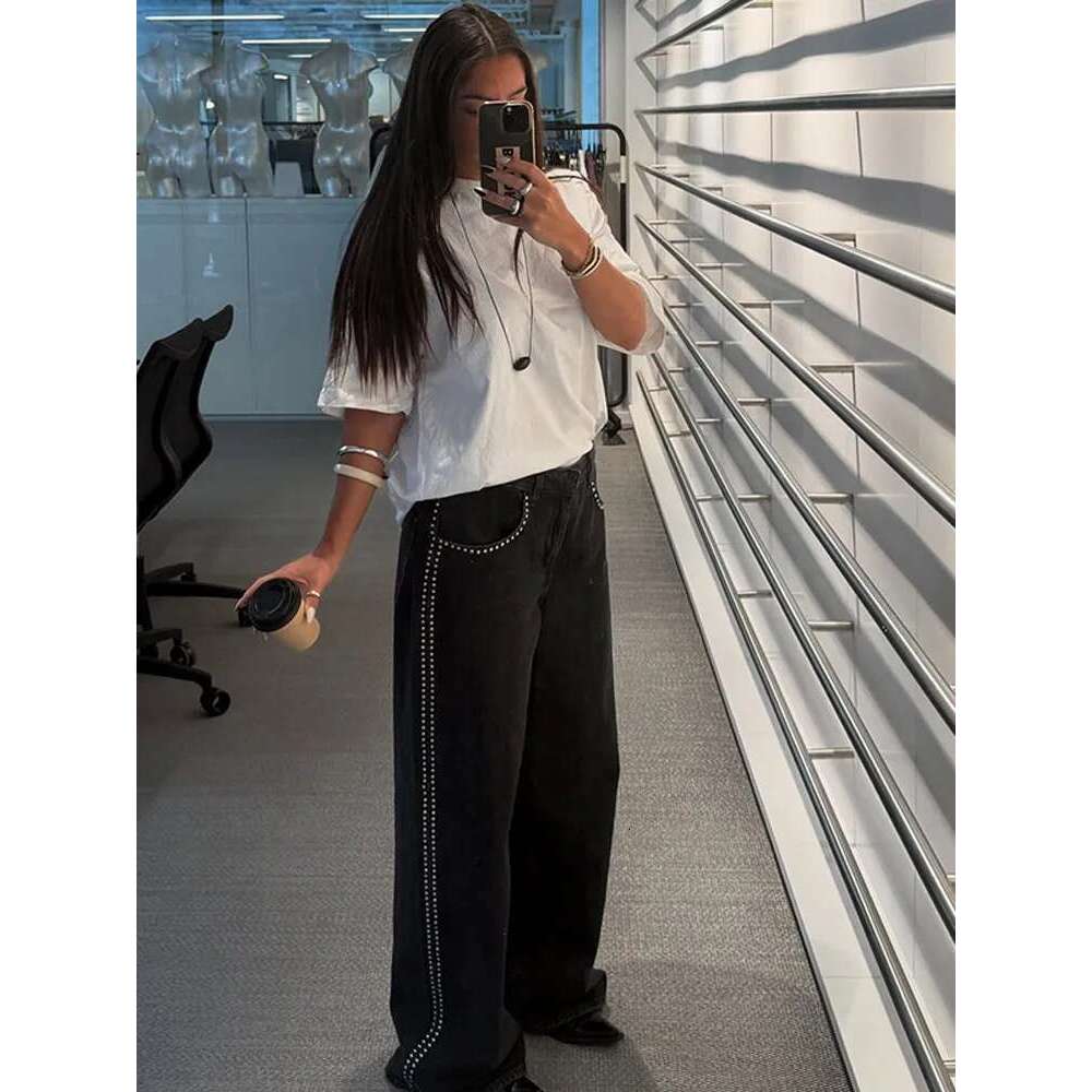Punk Pant Edge Rivet Women's Jeans Black Denim Loose Straight Mopping Pants Female 2025 Fashion New All-match Lady Trousers