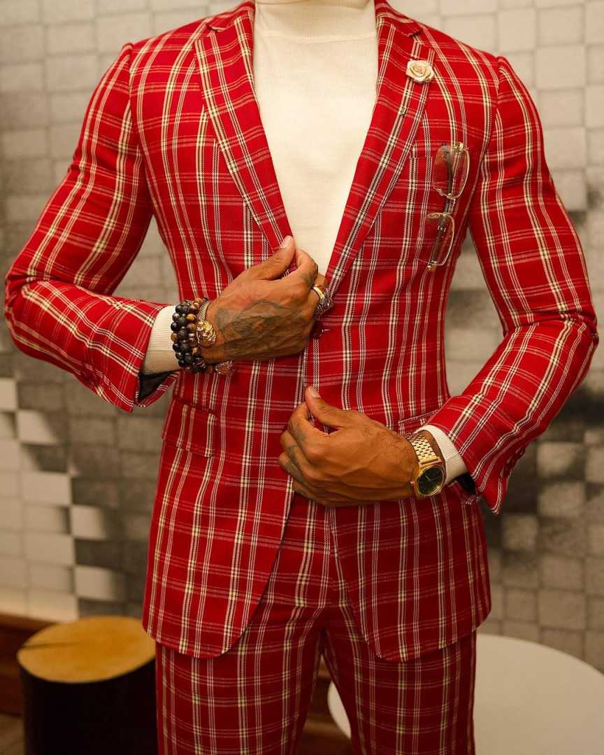 Classic Fit Check Wedding Tuxedos 2 Piece Set Jacket Pants Notched Lapel Men Suit Red Groom Wear Party Suits Customized