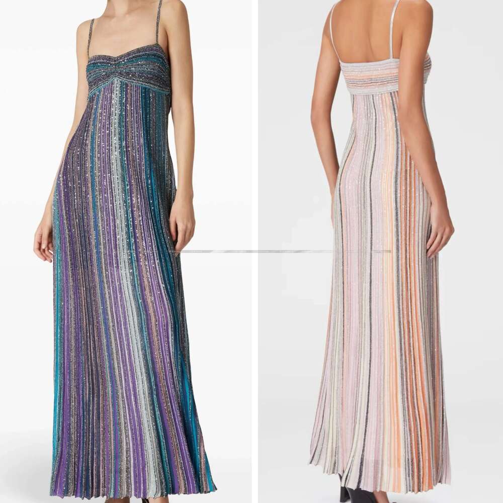 Women Metallic Sequined Multicolor Striped Sexy Strapless Maxi Long Knit Sling Dress Designer