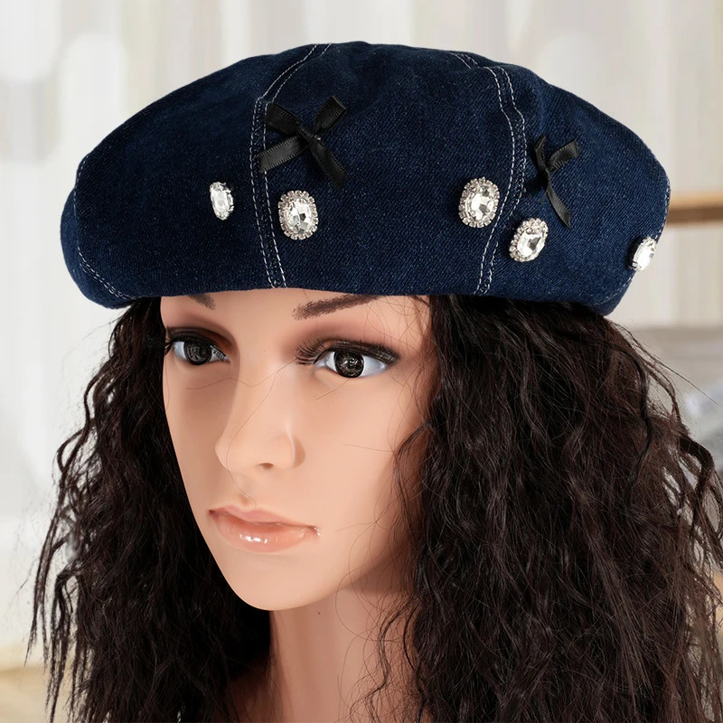 Mini Bows Rhinestones Buttons Beret Hats Womens Elegant Denim Artist Hat Fashion Soft Painters Cap Party Casual Pumpkin Cap 250520