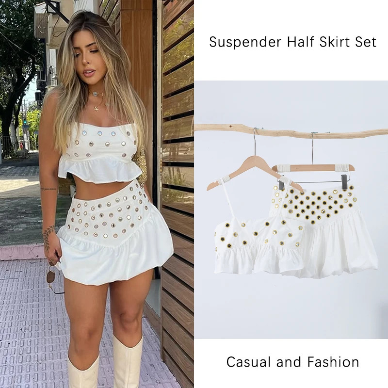 Hollow Out Crop Tank Pleated Skirt Sets Women Ring Bead Strap Sleeveless Backless Vest Aline Skrits Suits Spring Street 250520