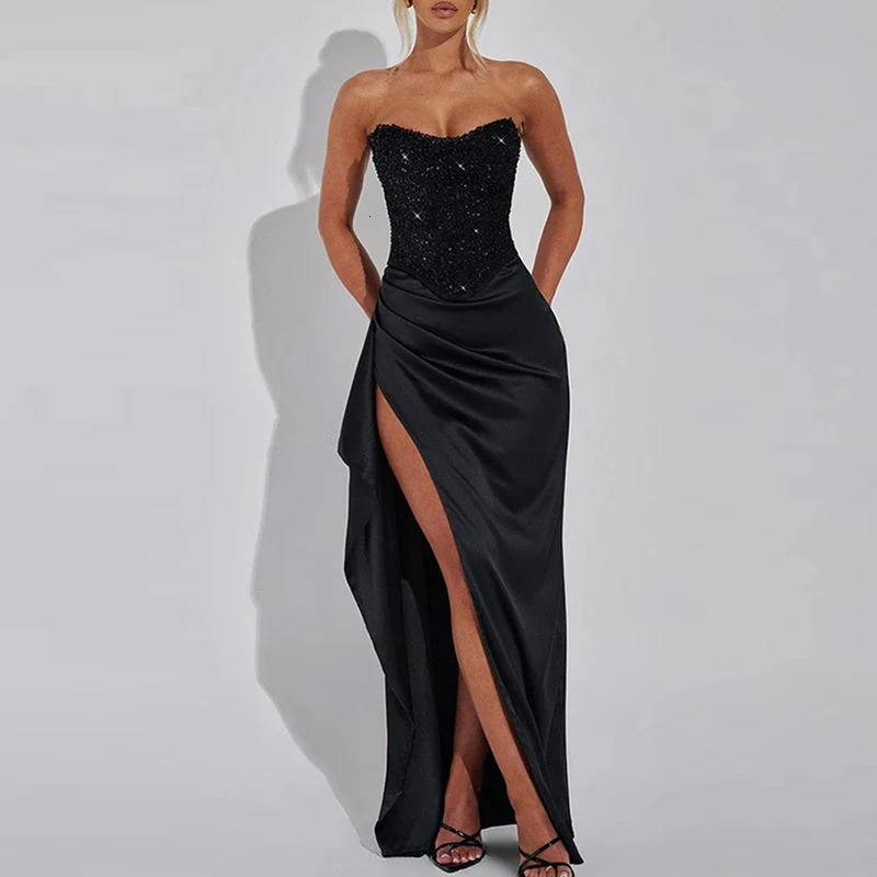 Fashion Off Shoulder High Waist Women Banquet Dress Sexy Strapless Sequin Slim Long Elegant Solid Color Split Dresses 250520