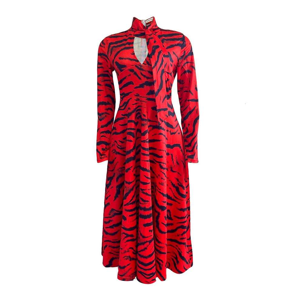 Women's Wear Women's Autumn And Winter Temperament Commuting Long Sleeved High Waist Hem Printed Large Size Dress