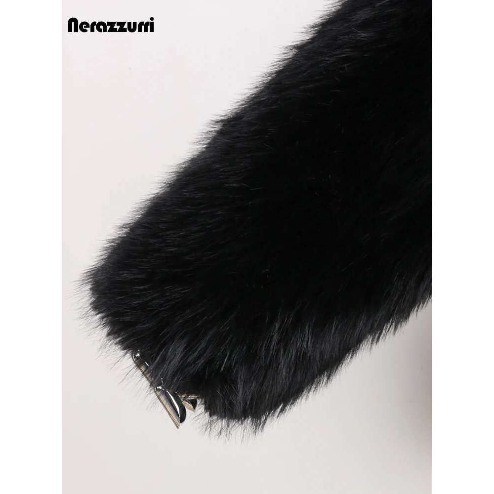 Nerazzurri Autumn Winter Black Thick Warm Hairy Shaggy Soft Faux Fox Fur Coat Women Long Sleeve Loose Casual Fluffy Jacket 2024