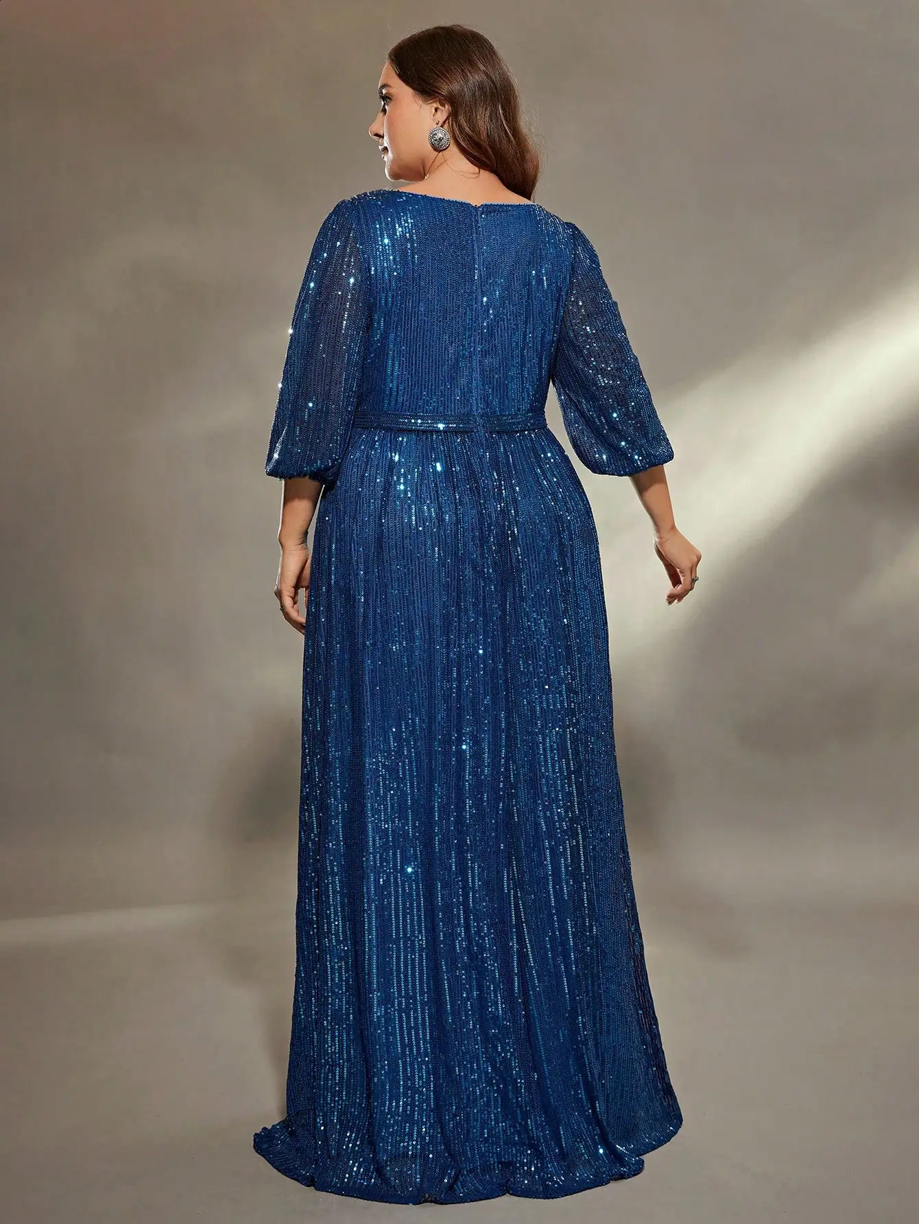 Mgiacy plus size V-neck bust pleated mid-long sleeve A-frame sequin long dress Evening gown PROM dress Party dress 250519