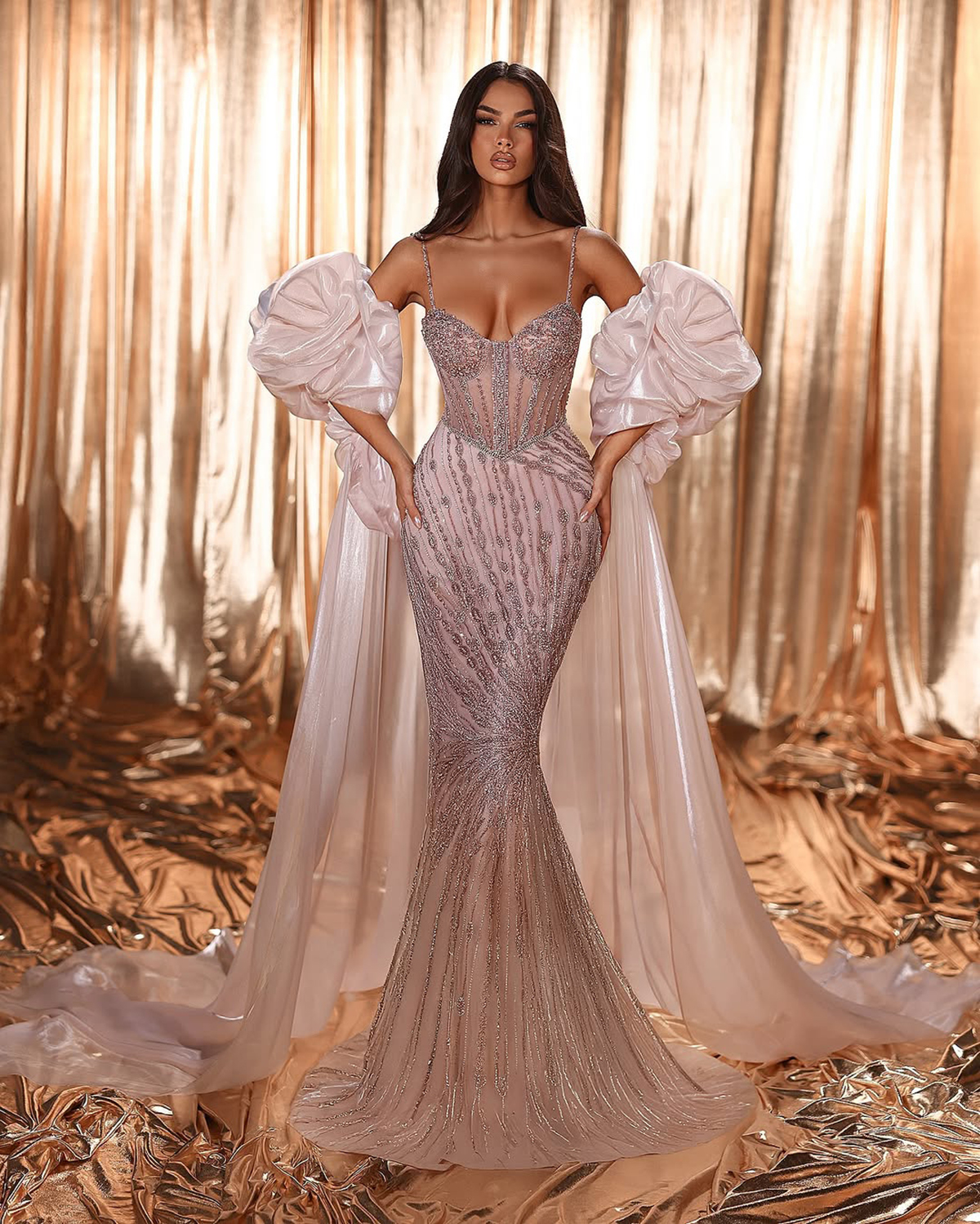 Gorgeous Evening Dresses Beading Sequins Prom Dress Spaghetti Straps Sleeveless Detachable Sleeve Princess Mermaid Sweep Train Party Gowns Vestidos De