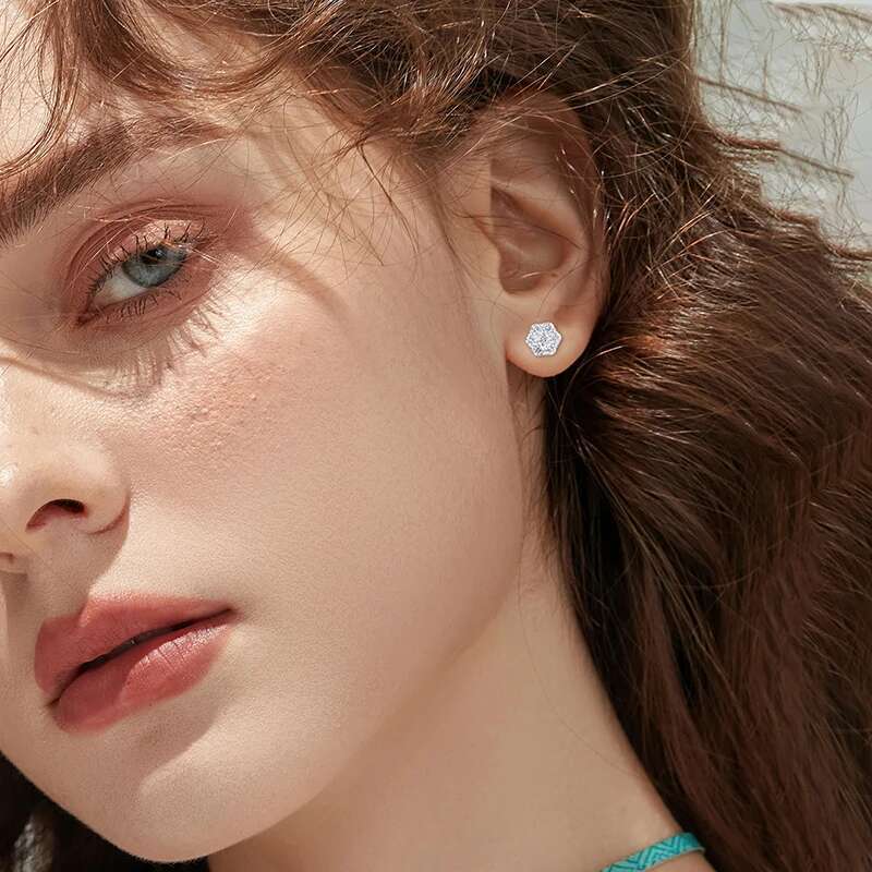 14K White Gold Stud Earrings For Women Men Honeycomb Flower Lab Grown Diamond Round Ear Studs Fine Wedding Birthday Jewelry Gift